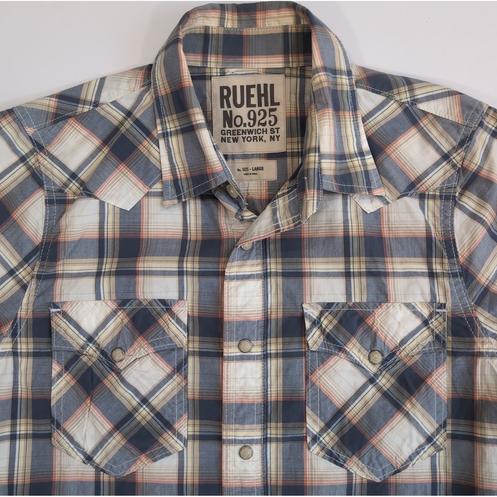 Ruehl No.925 Mens L Plaid Short Sleeve Snap Button Western Shirt Workwear